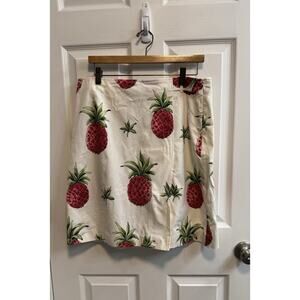 Talbots Size 14 Skirt Ivory Pink Green Pineapple Print Side Zip Cotton Twill